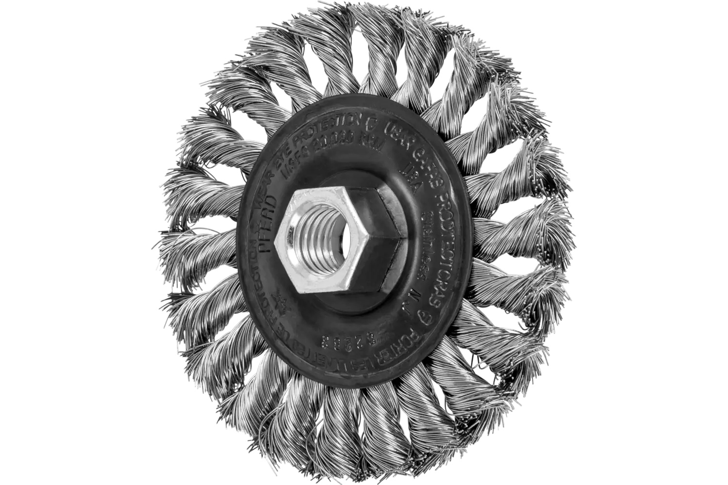 Show details for Pferd Standard Twist Knot Wire Wheel Brush 4" Dia. .014 Ss 5/8-11 Thread Retail Picture of Pferd Standard Twist Knot Wire Wheel Brush 4" Dia. .014 Ss 5/8-11 Thread Retail